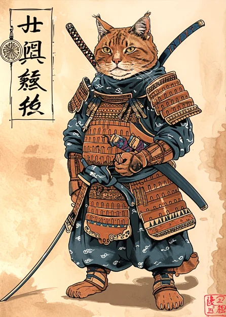 Affiche Japonaise Rétro Chat Samouraï