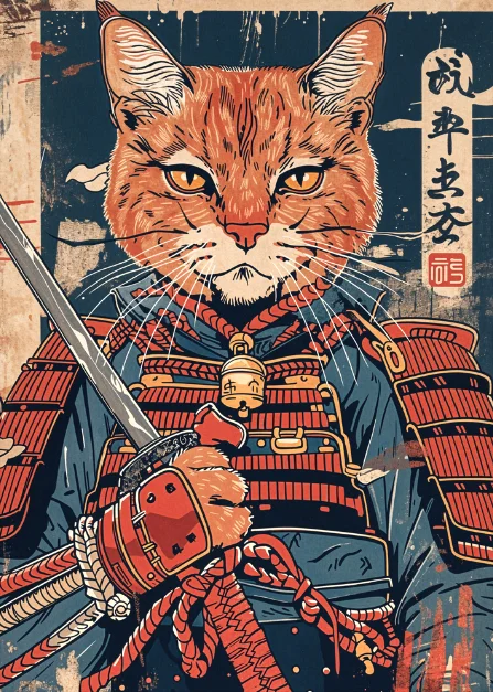 Affiche Japonaise Rétro Chat Samouraï - Image 2