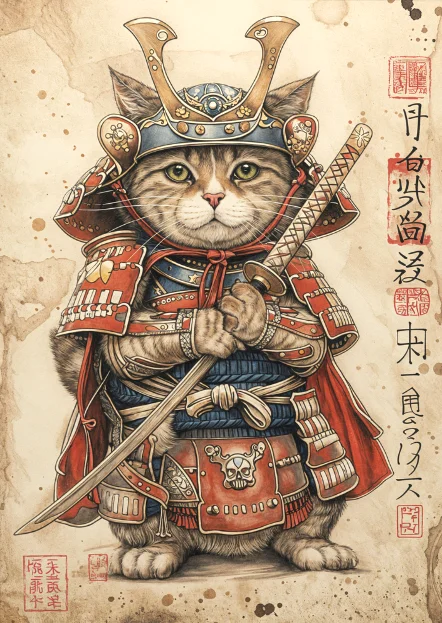 Affiche Japonaise Rétro Chat Samouraï - Image 3