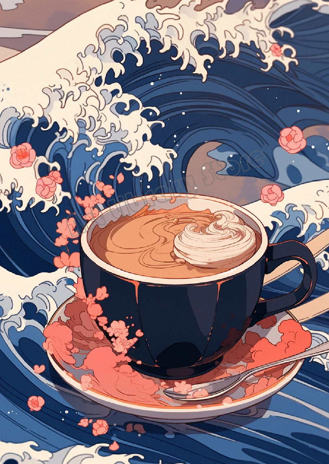 Affiche Japonaise Tasse de Café et Vague Kanagawa