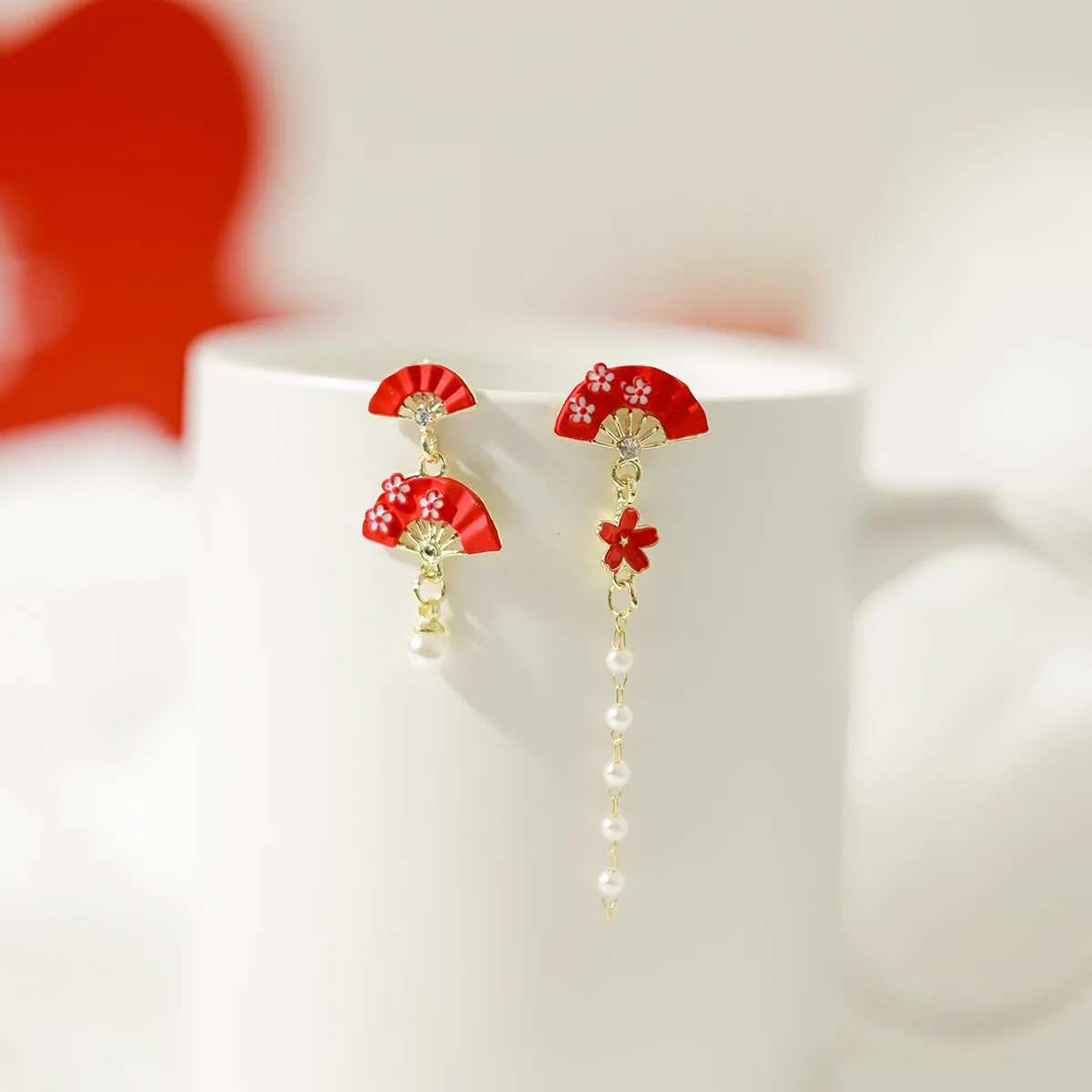 Boucles d'oreilles japonaise Eventail Rouge - Image 3