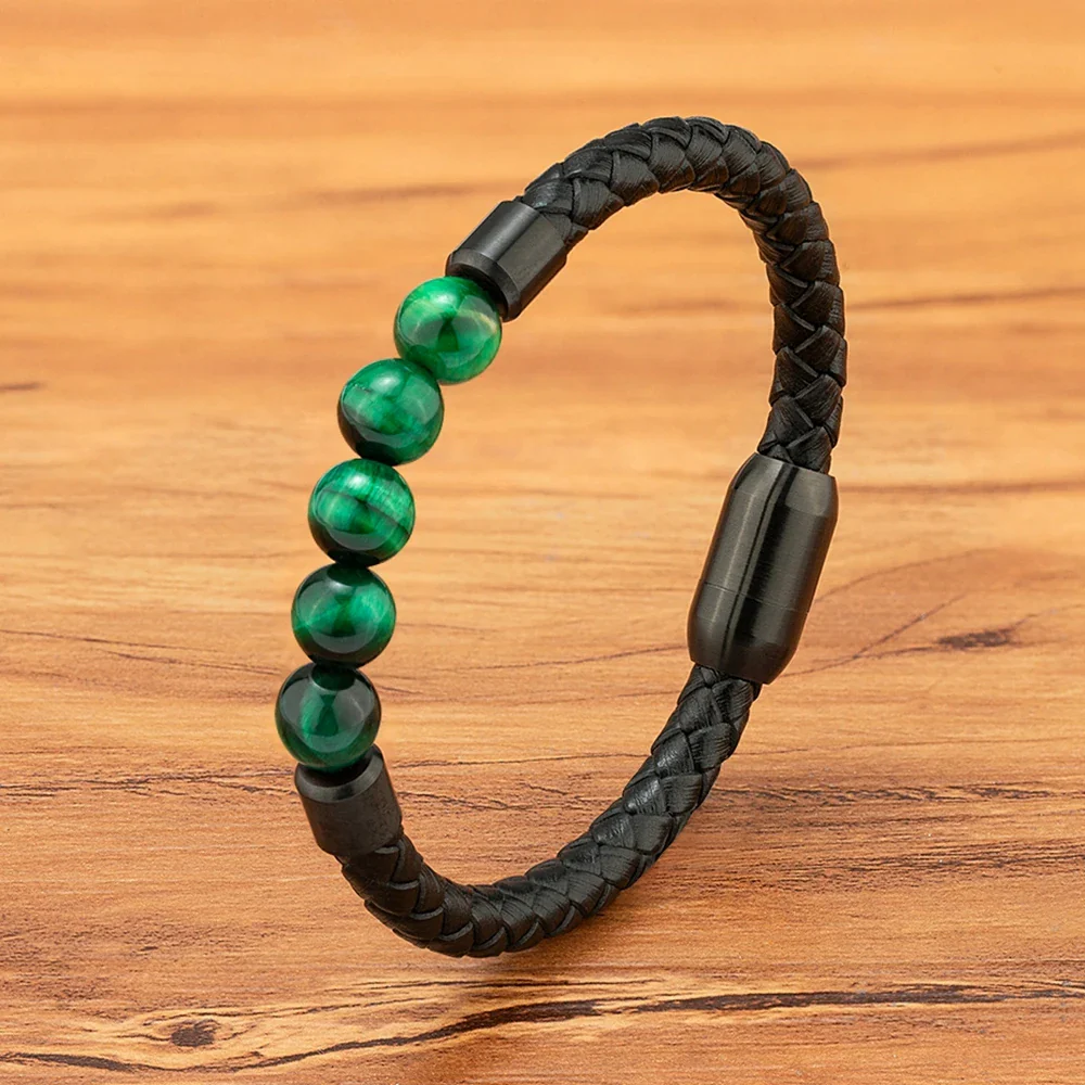Bracelet Japonais cuir tressé pierre œil de tigre - Image 10