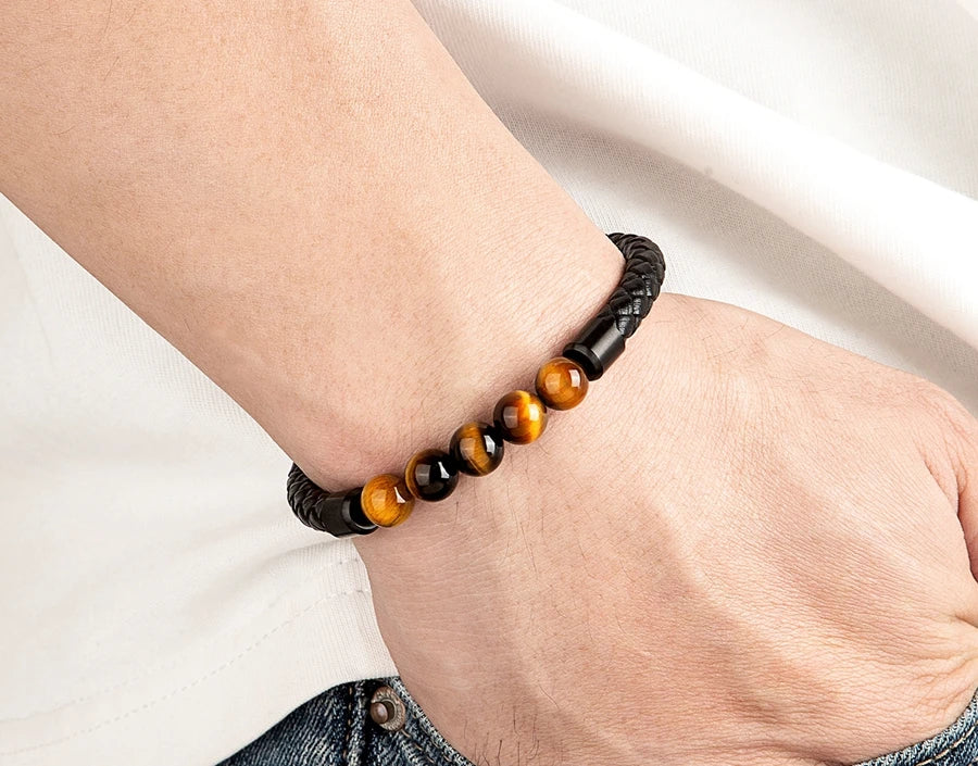 Bracelet Japonais cuir tressé pierre œil de tigre - Image 3