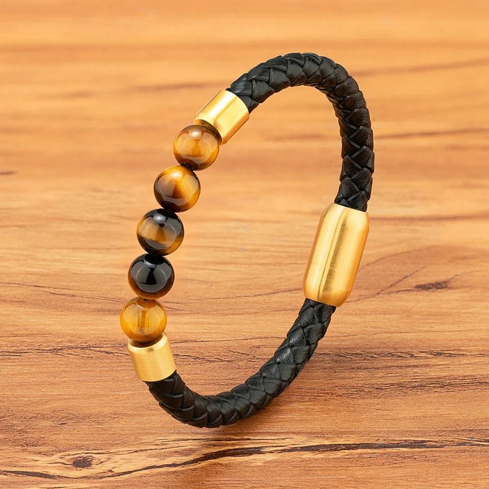 Bracelet Japonais cuir tressé pierre œil de tigre - Image 9
