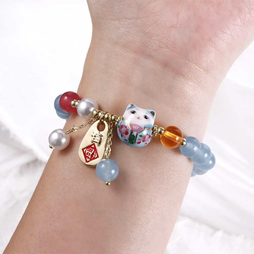 Bracelet japonais Perle Agate Pendentif chat - Image 4