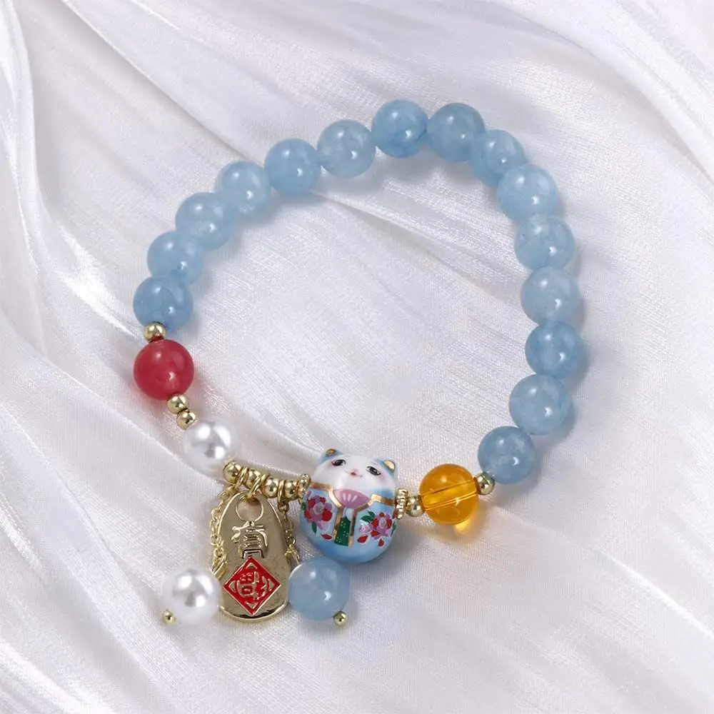Bracelet japonais Perle Agate Pendentif chat - Image 5