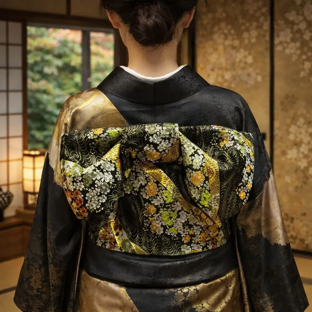 Ceinture Obi Japonaise Noire Chic Fleurie - Image 3