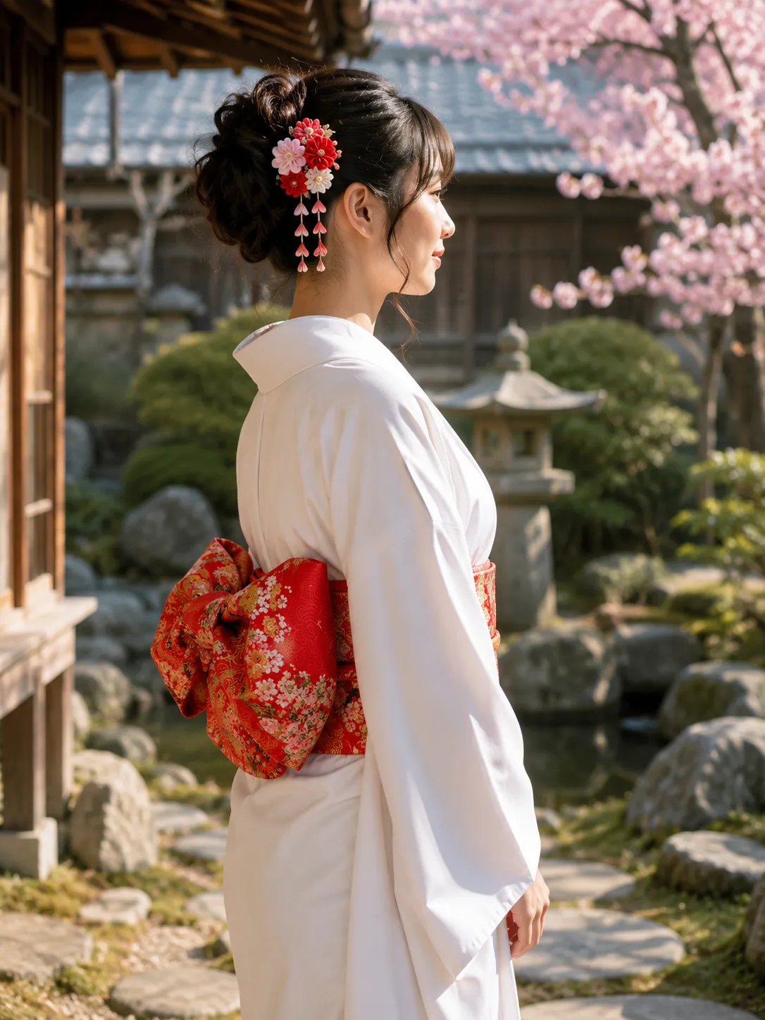 Ceinture Obi Japonaise Rouge à Fleurs - Image 2