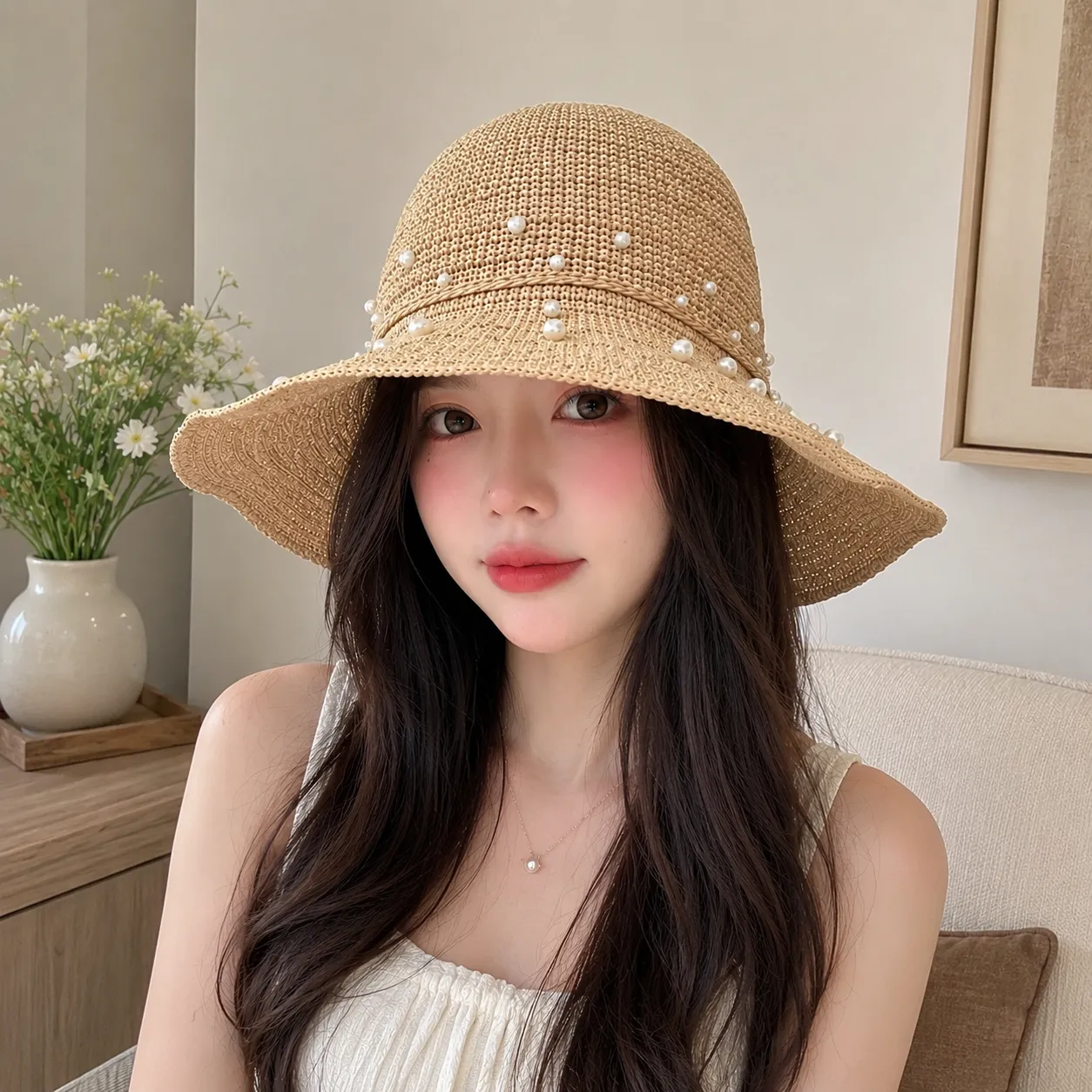 Chapeau de Paille Japonais à Perles