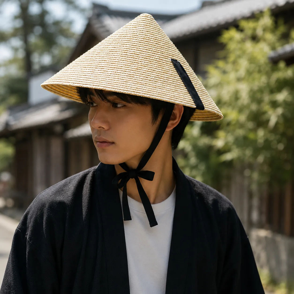 Chapeau de Paille Japonais Conique à Cordon