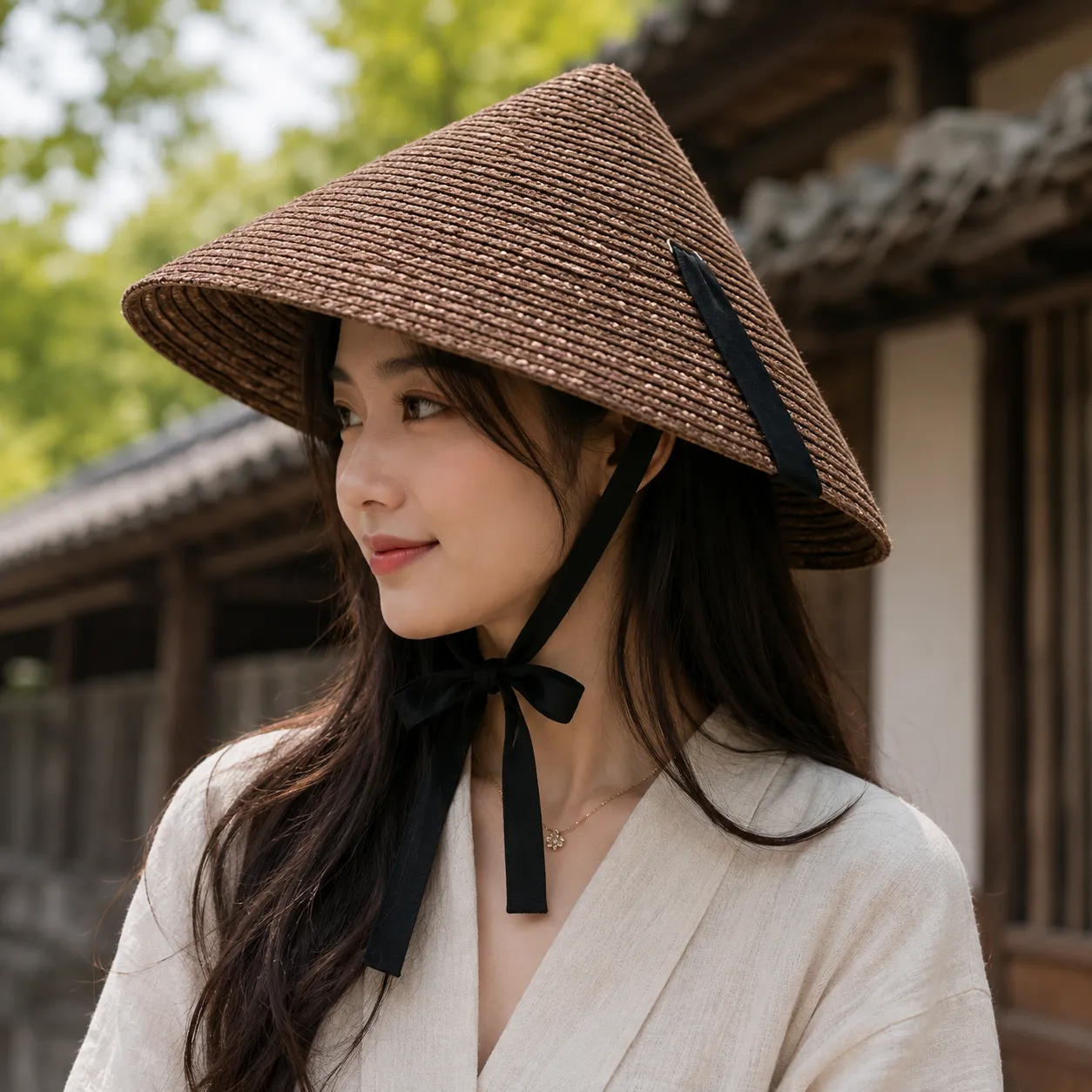 Chapeau de Paille Japonais Conique à Cordon - Image 2