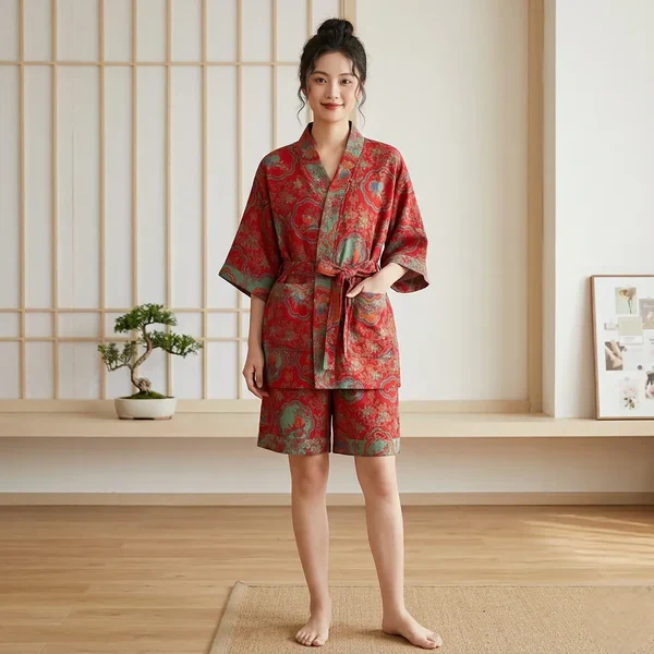 Ensemble Pyjama Japonais Femme Rouge - Image 2