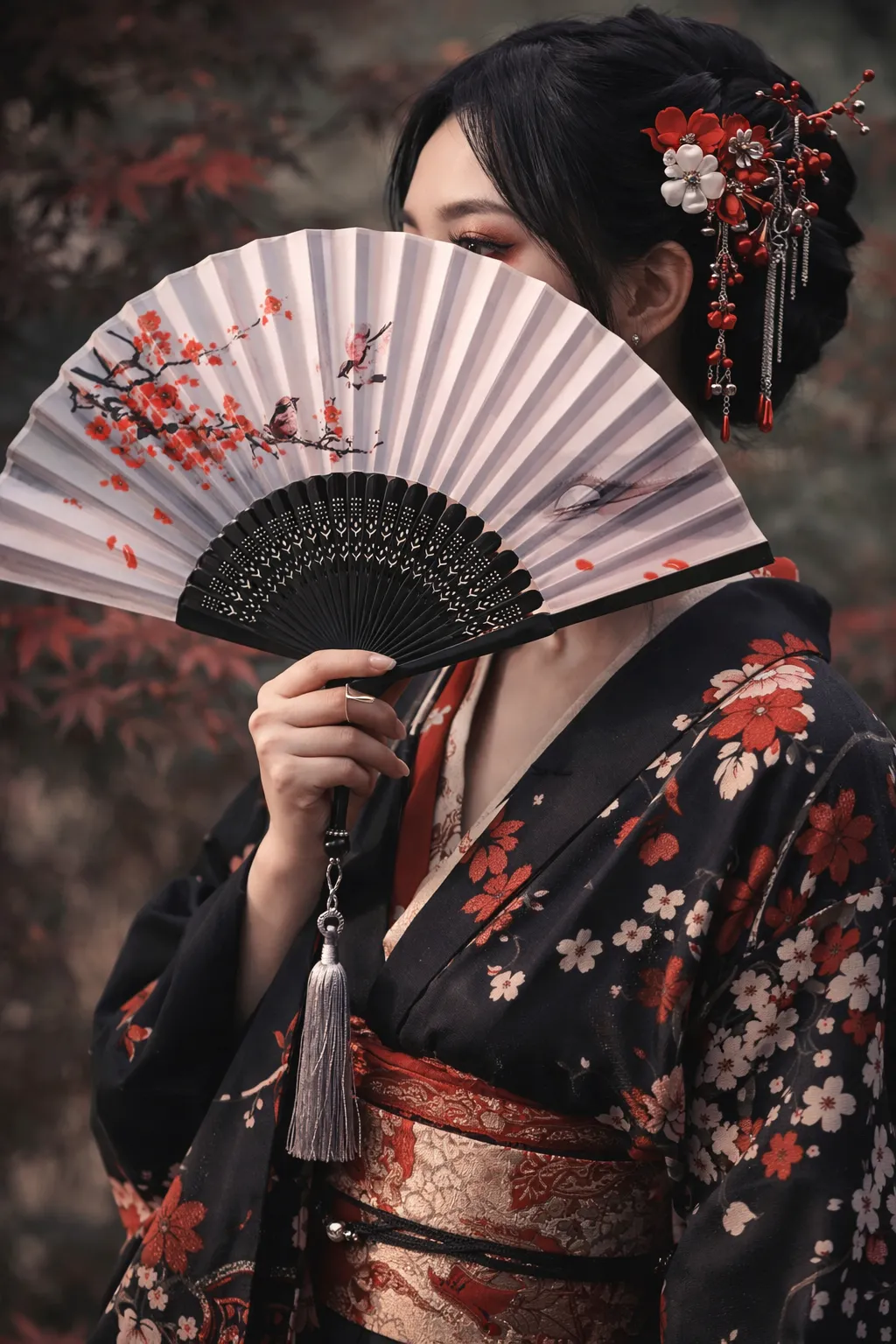 Éventail Japonais Fleurs de Cerisiers Rouge - Image 3