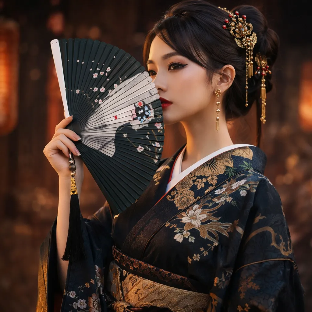 Éventail Japonais Imprimé Geisha - Image 3