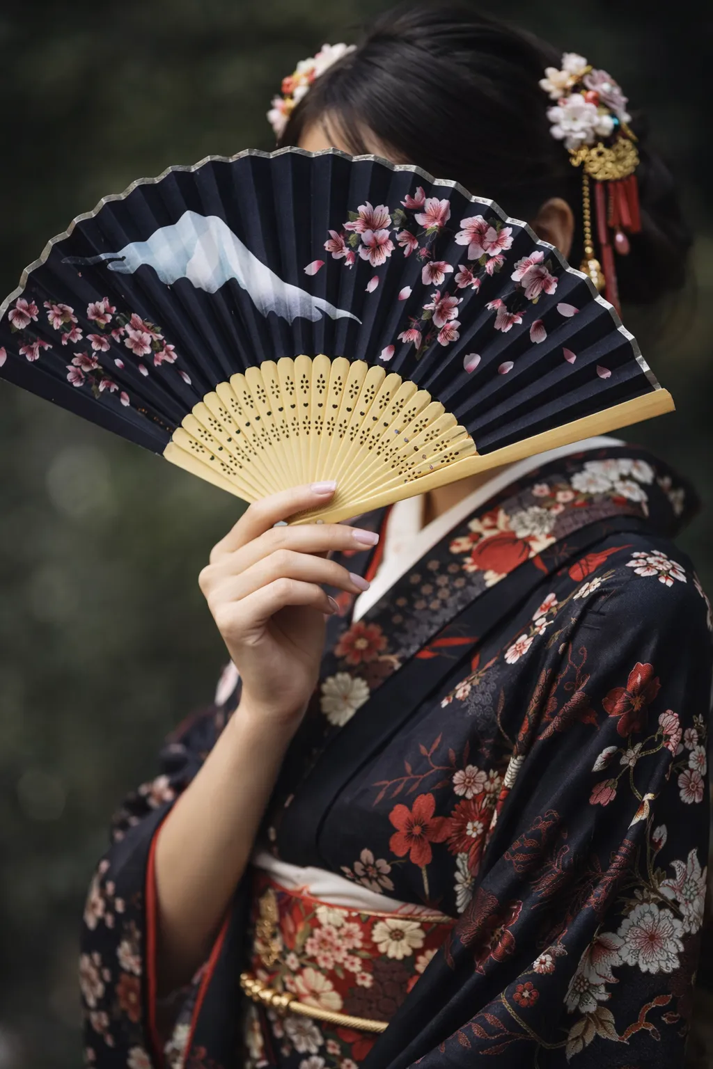 Éventail Japonais Noir Fleurs de Cerisier - Image 3