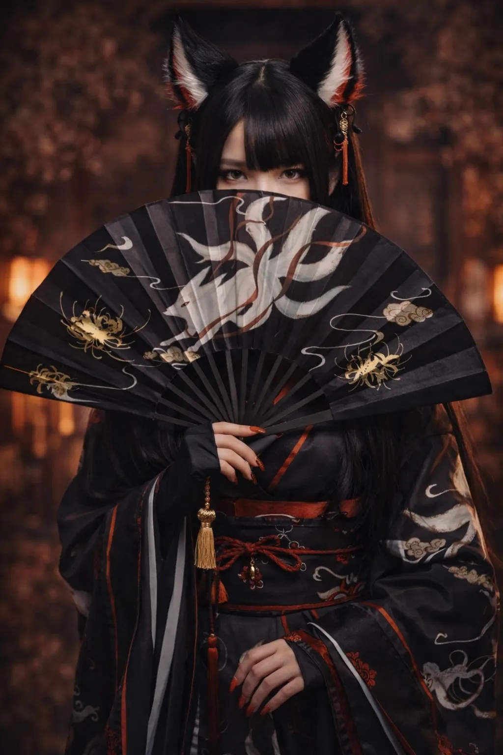 Éventail Japonais Noir Renard - Image 3