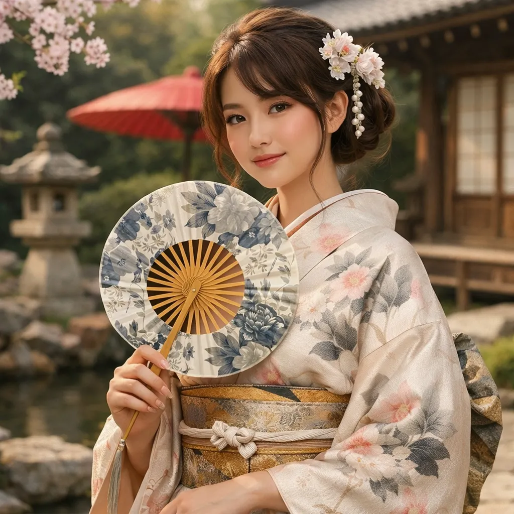 Éventail Japonais Rond Pliable Fleuri - Image 3
