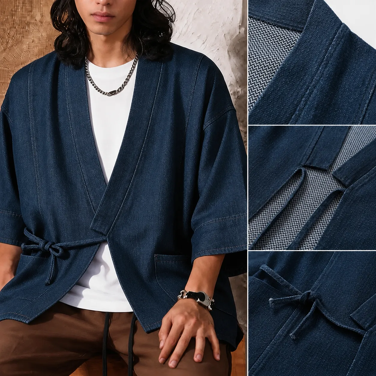 Grande Veste Kimono Homme Japonais en Denim - Image 3