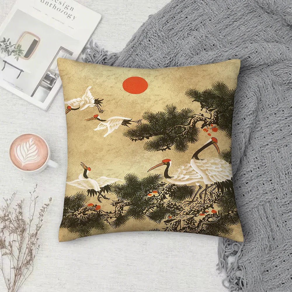 Housse de Coussin Japonaise Carrée Grues