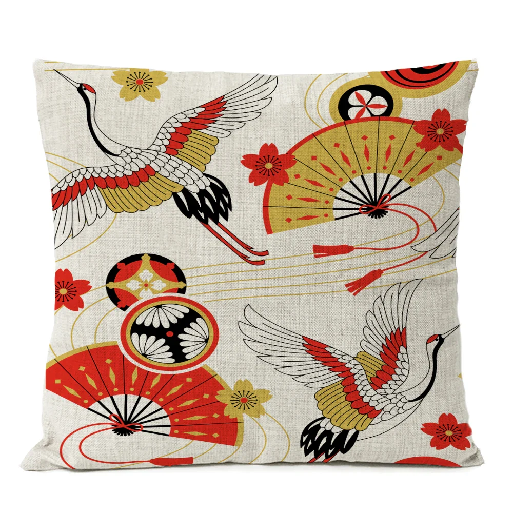 Housse de Coussin Japonaise Eventails Grues