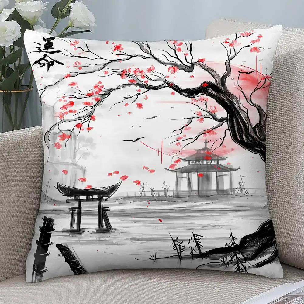 Housse de Coussin Paysage et Temple Japonais
