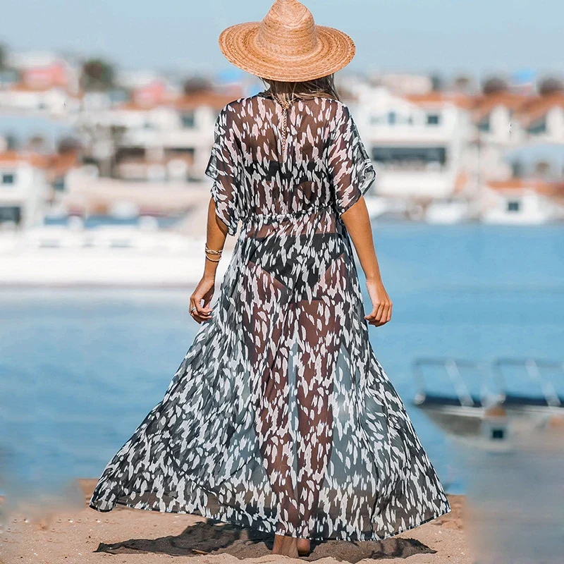 Kimono de Plage Léopard Noir et Blanc - Image 2