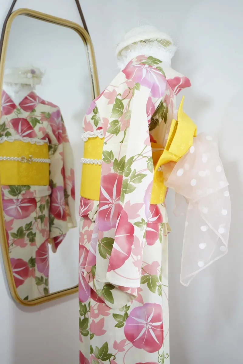 Kimono Japonais Femme Blanc et Rose - Image 3