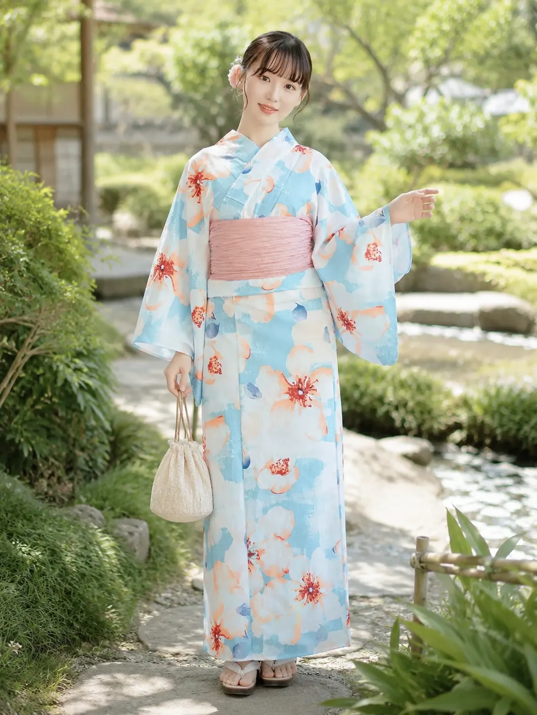 Kimono Japonais Femme Bleu Ciel Fleuri