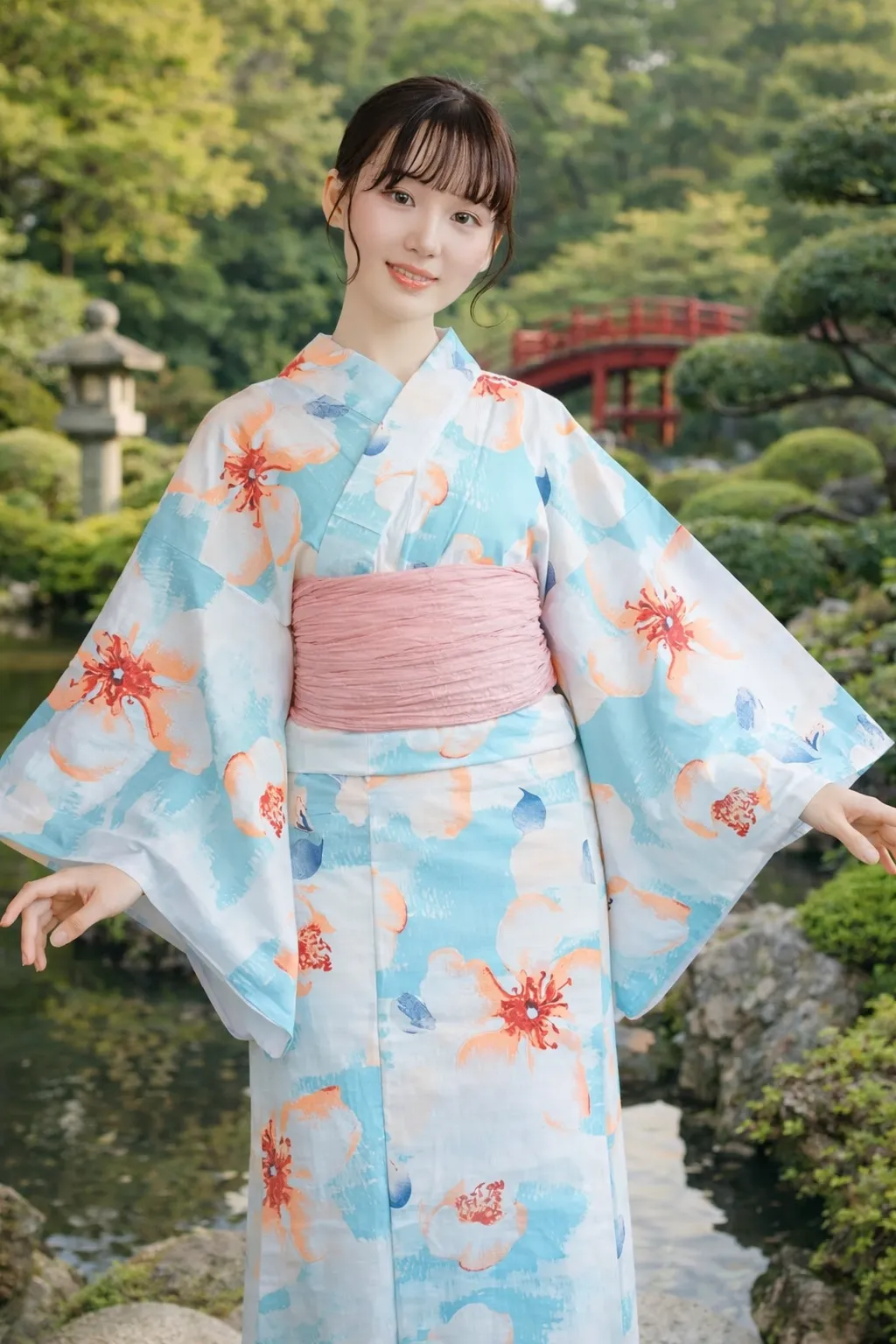 Kimono Japonais Femme Bleu Ciel Fleuri - Image 3