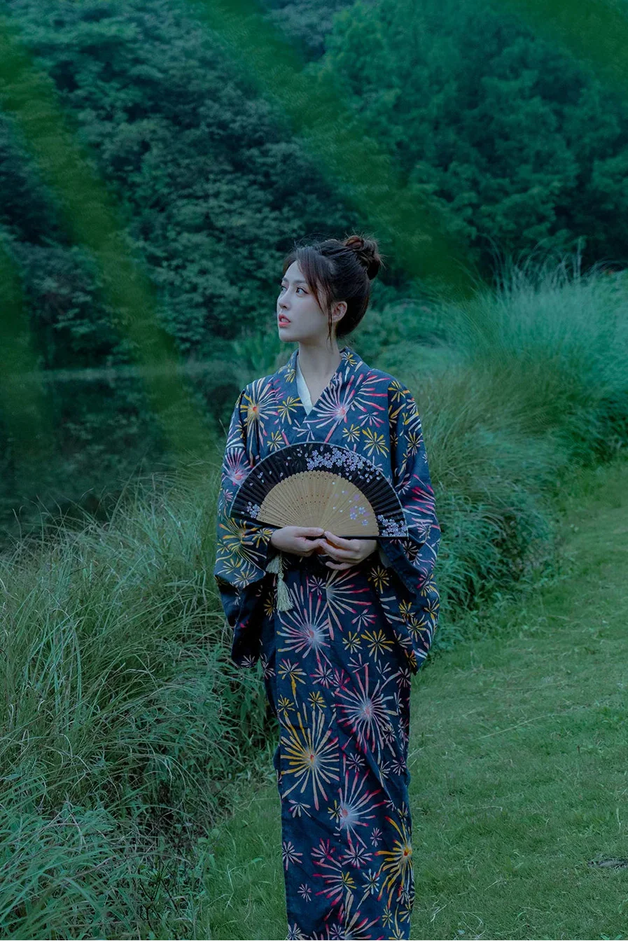 Kimono Japonais Femme Bleu en Coton
