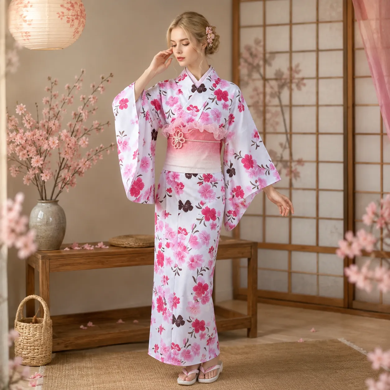 Kimono Japonais Femme Chic Blanc et Rose