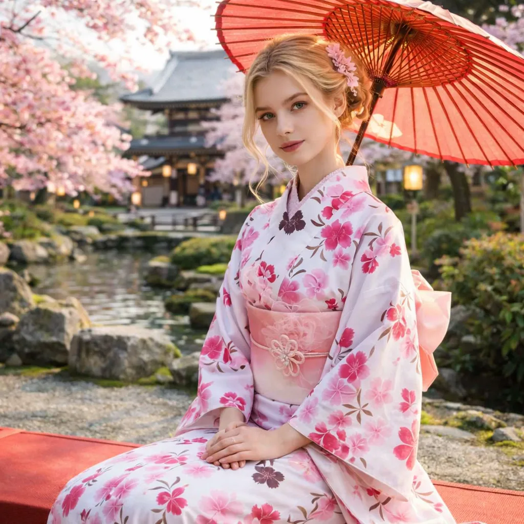 Kimono Japonais Femme Chic Blanc et Rose - Image 2