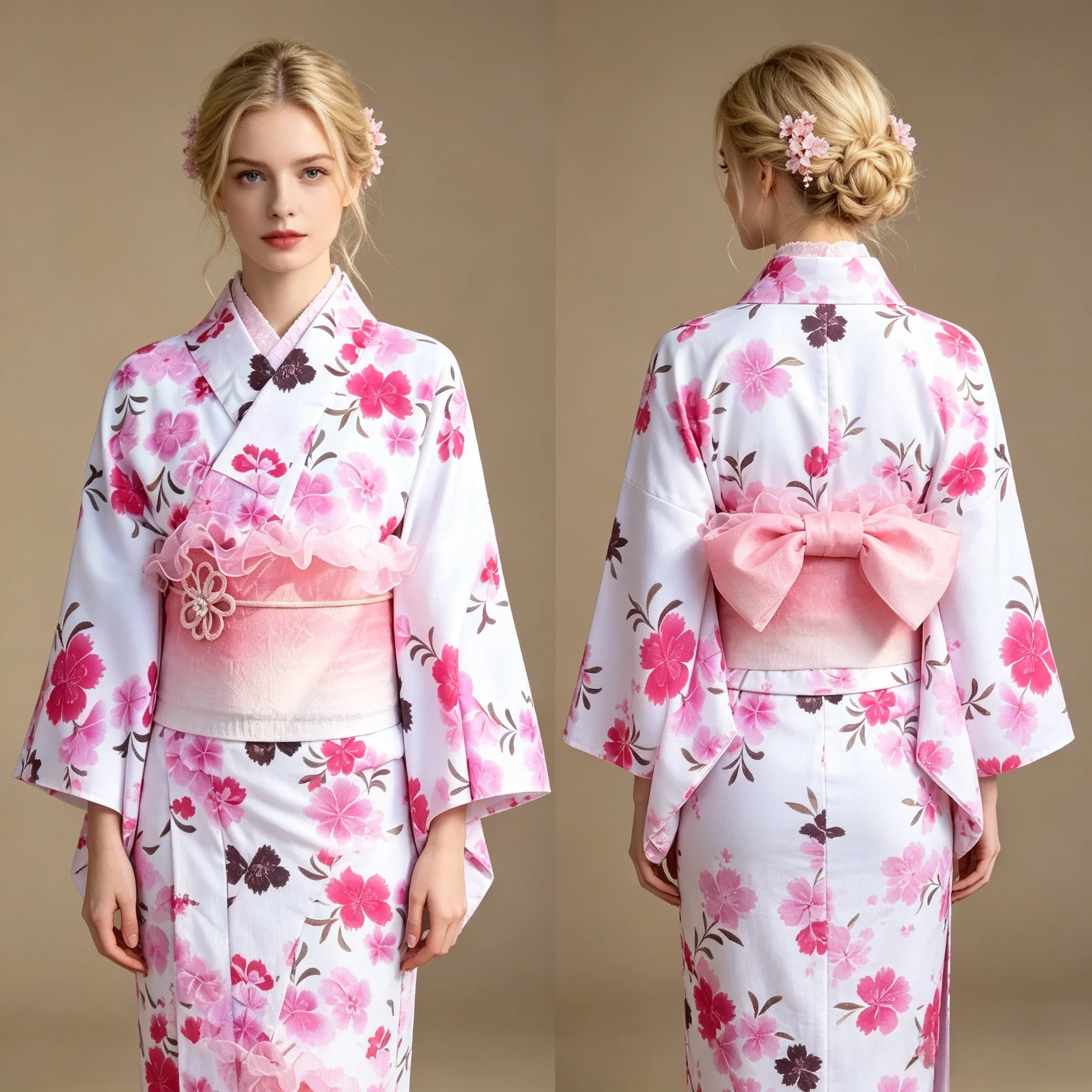 Kimono Japonais Femme Chic Blanc et Rose - Image 3