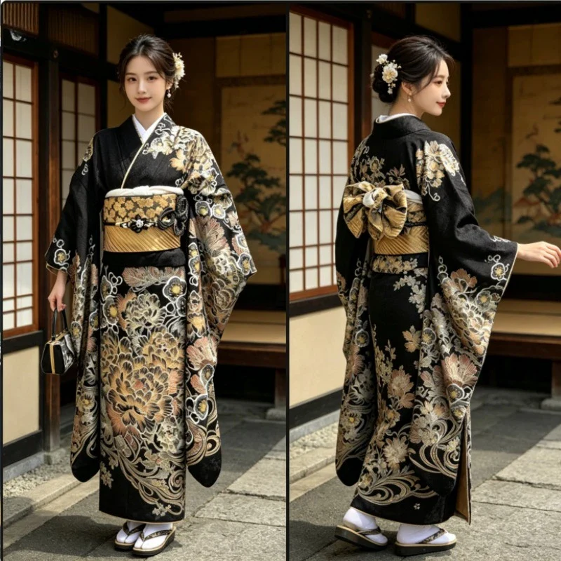 Kimono Japonais Femme Noir et Doré - Image 2