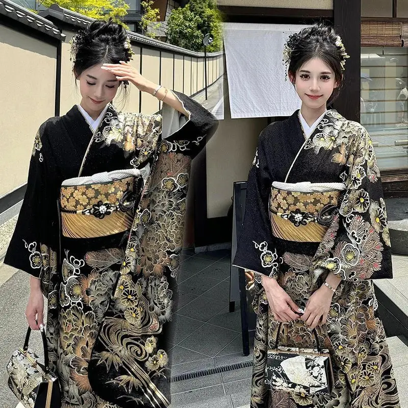 Kimono Japonais Femme Noir et Doré - Image 3