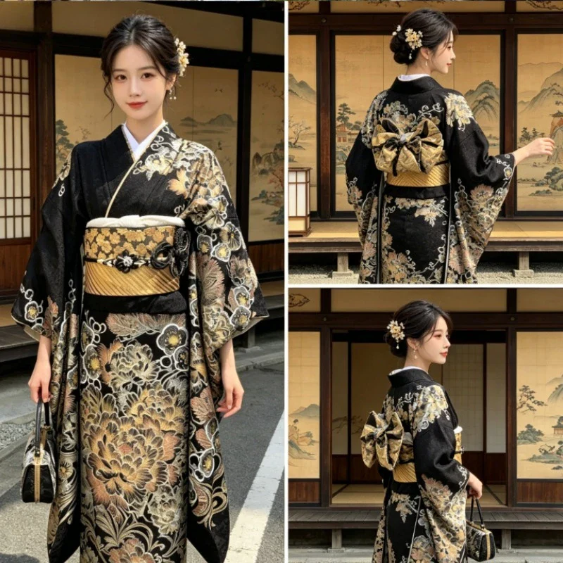 Kimono Japonais Femme Noir et Doré - Image 4