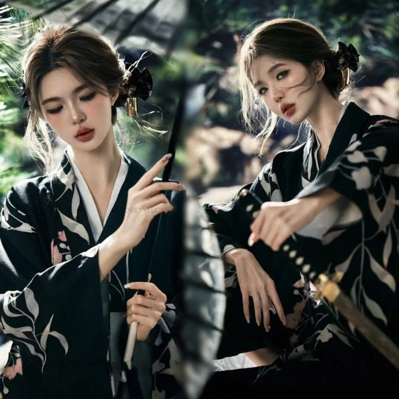 Kimono Japonais Femme Noir Vintage - Image 4