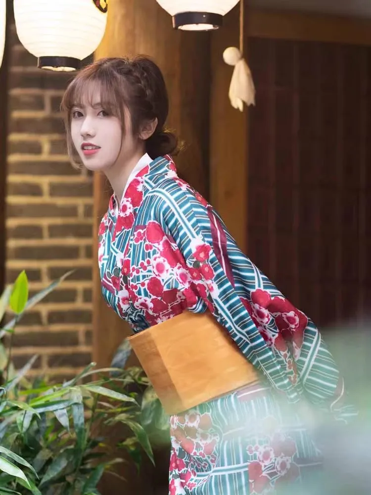 Kimono Japonais Femme Vert et Rouge - Image 2