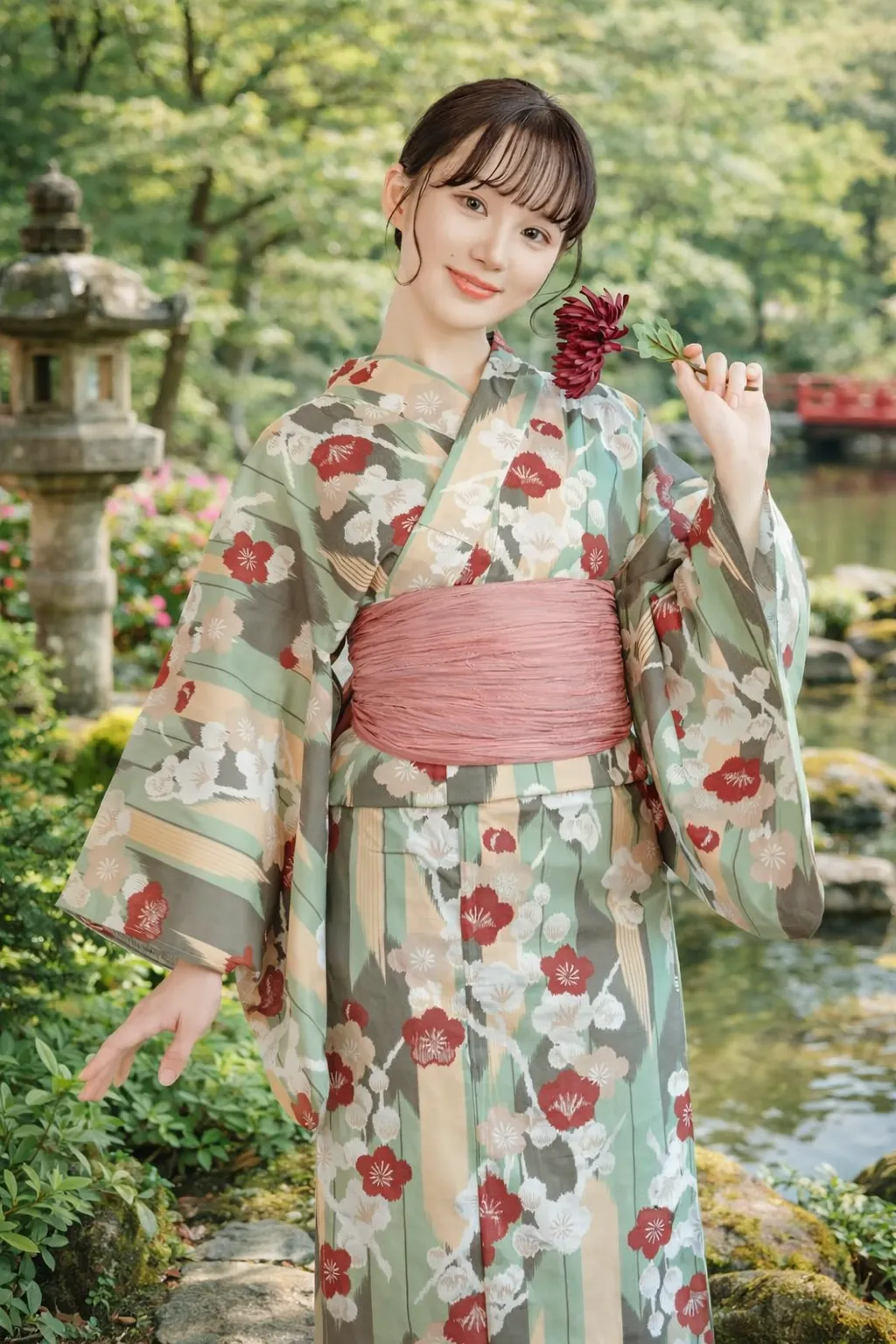 Kimono Japonais Femme Vert Rayé Fleuri - Image 3
