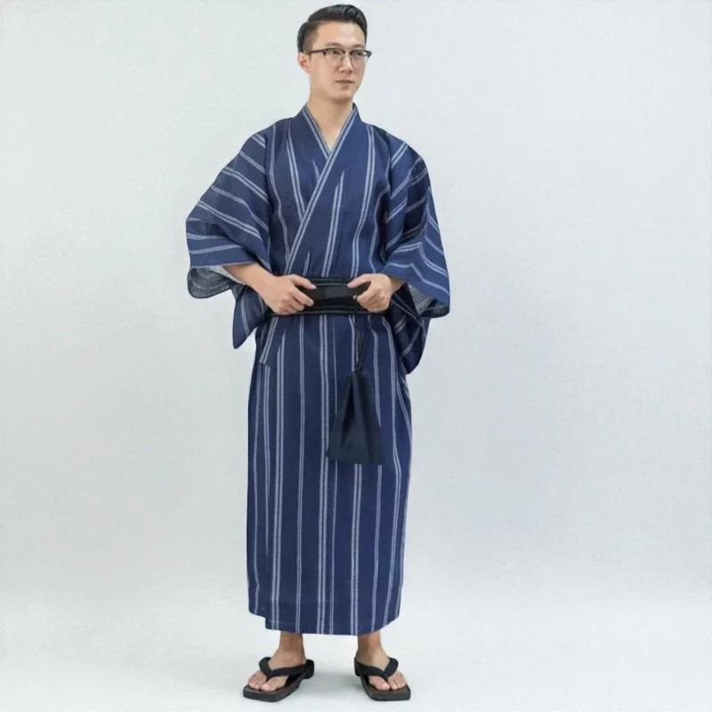 Kimono Traditionnel Homme Léger Bleu Rayé