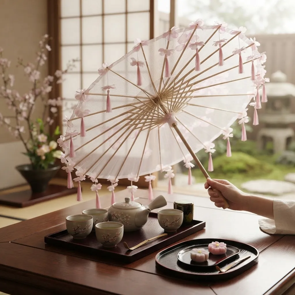 Ombrelle Japonaise Blanche Florale à Franges - Image 3