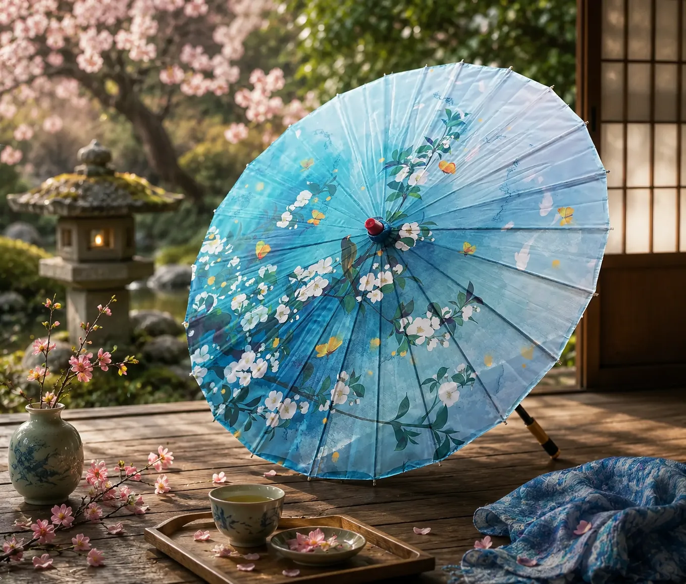 Ombrelle Japonaise Bleu Floral - Image 2