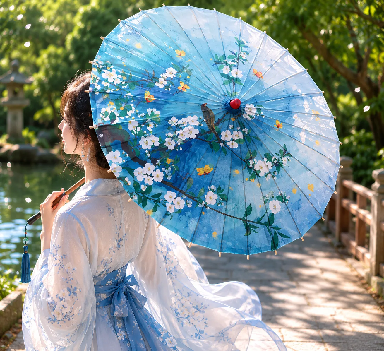 Ombrelle Japonaise Bleu Floral - Image 3