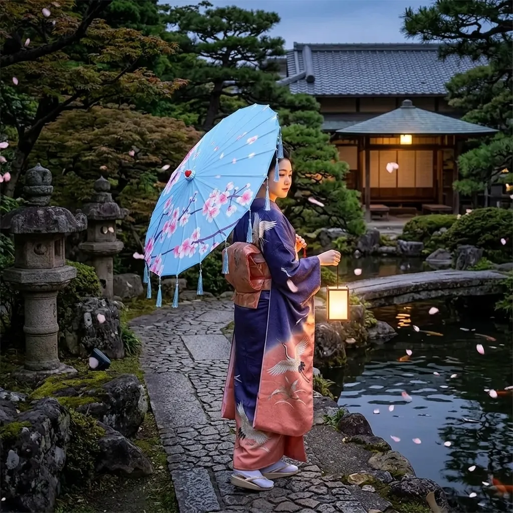 Ombrelle Japonaise Bleue Fleurie à Franges - Image 3