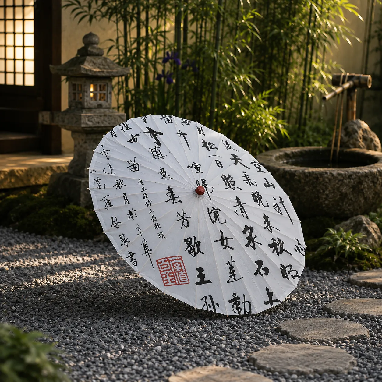 Ombrelle Japonaise Calligraphie Noir et Blanc - Image 2