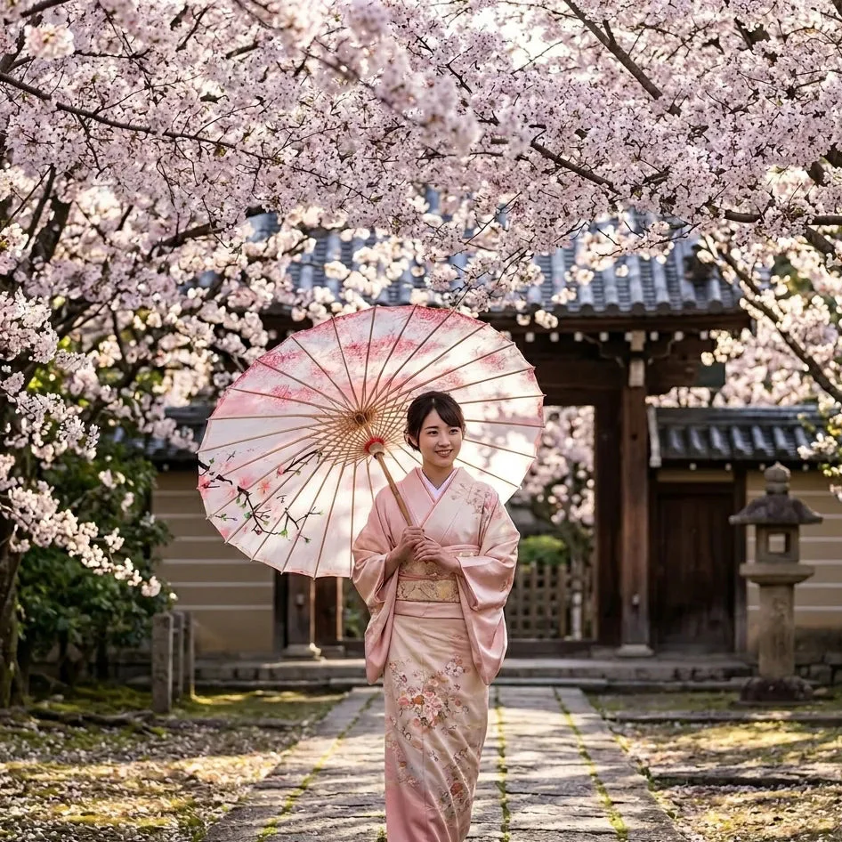Ombrelle Japonaise Fleurs de Cerisier Roses - Image 2