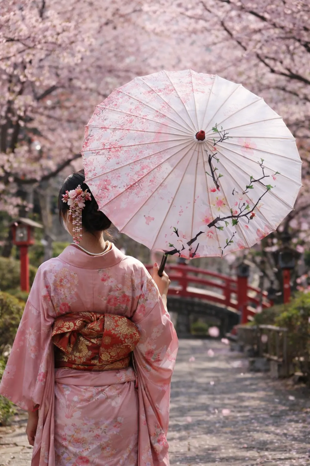 Ombrelle Japonaise Fleurs de Cerisier Roses - Image 3