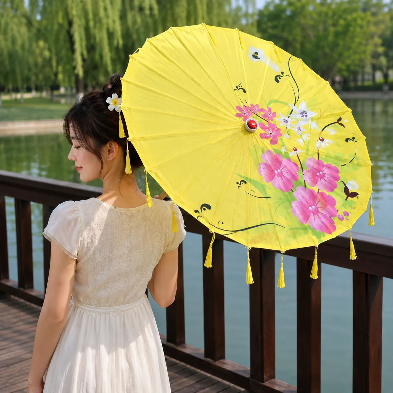 Ombrelle Japonaise Jaune à Franges - Image 2