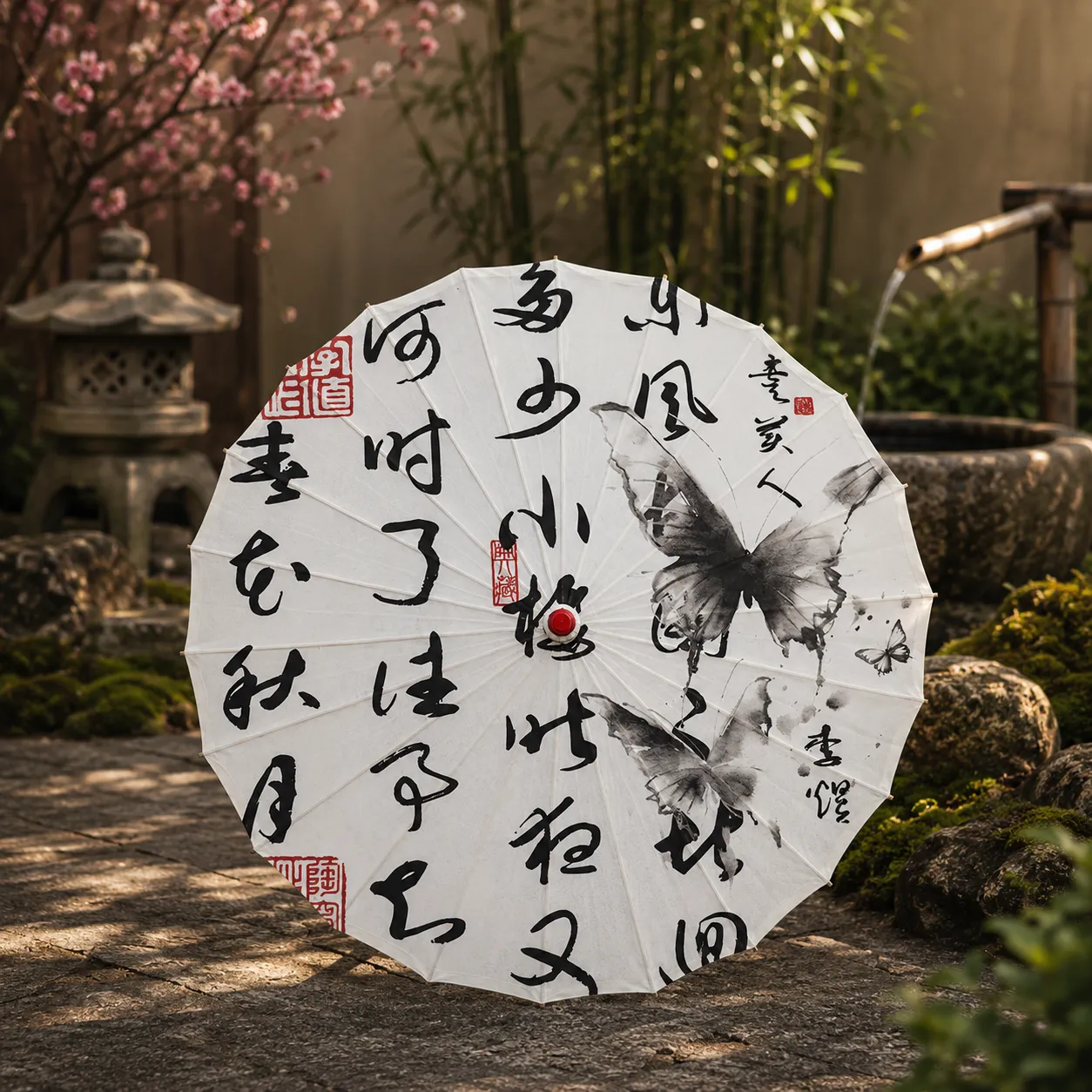 Ombrelle Japonaise Papillons Noir et Blanc - Image 2