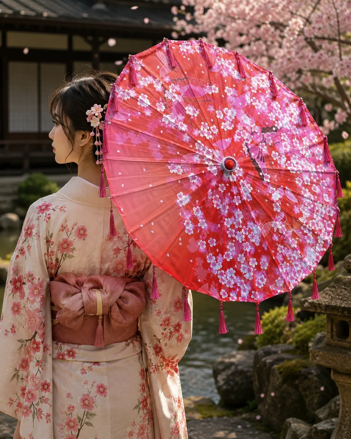 Ombrelle Japonaise Rouge Sakura - Image 3